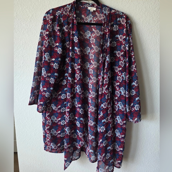 Charming Charlie Tops - Charming Charlie Sheer Floral Kimono in Burgundy, Navy & White